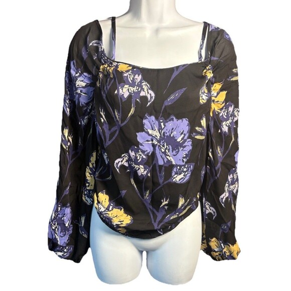 Ramy Brook Cori Floral Print Cold Shoulder Silk Top Women’s Small Black Purple - Picture 2 of 10